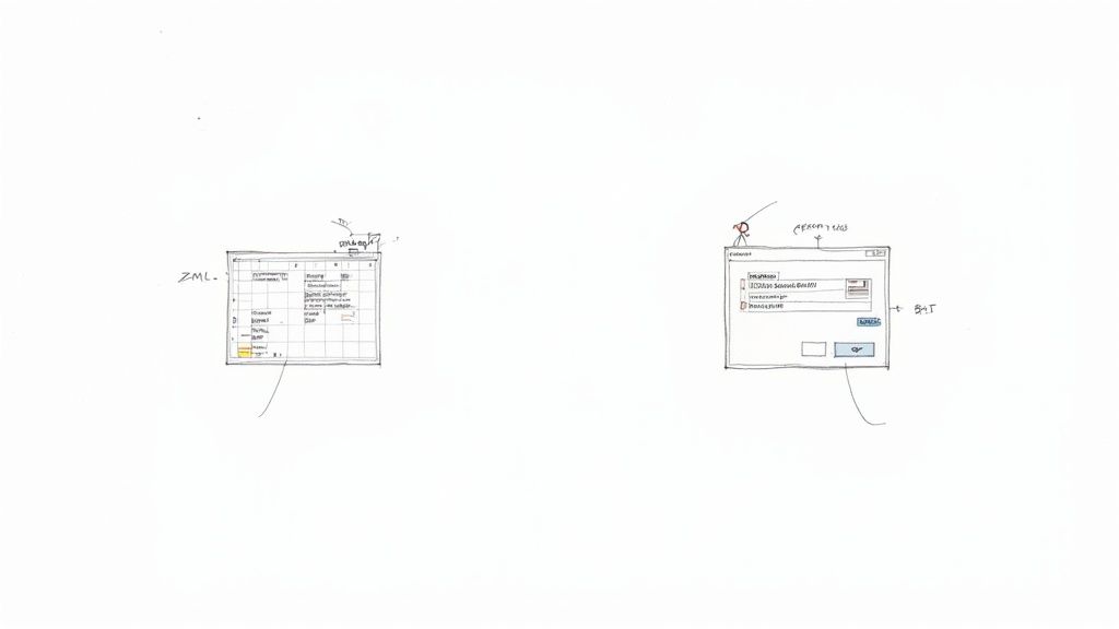 Hand-drawn sketches showing a ZML data spreadsheet and a software dialog for file conversion with error logging.