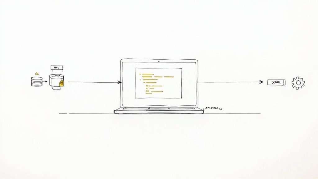 Diagram showing data conversion from a database through a laptop to XAMIL output.
