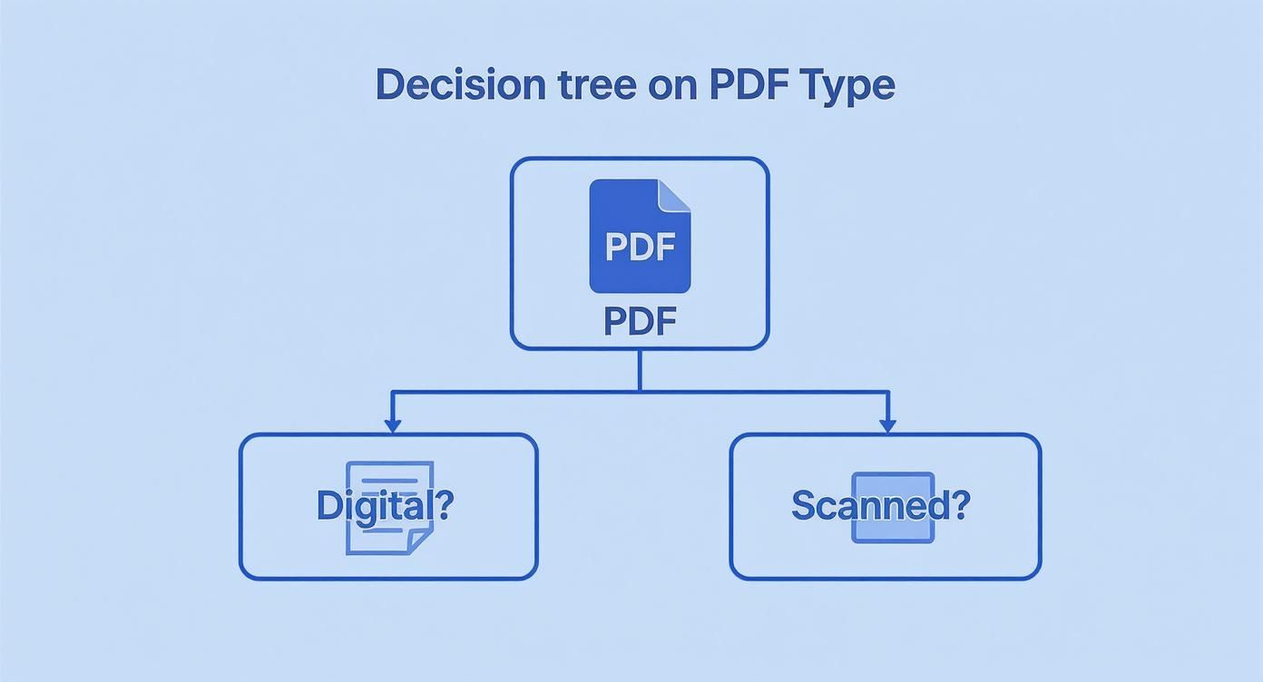 Infographic showing a decision tree for extracting data from digital versus scanned PDFs