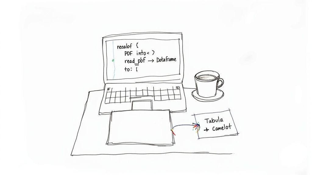 Screenshot from the Camelot library's PyPI page, showing installation commands and package details.