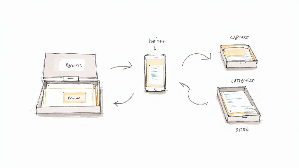 A person organizing receipts and documents on a desk with a laptop and calculator nearby.
