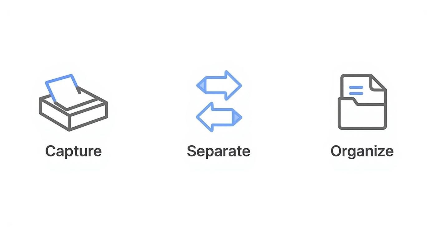 Infographic showing a three-step workflow for organizing receipts: Capture, Separate, and Organize, represented by icons.