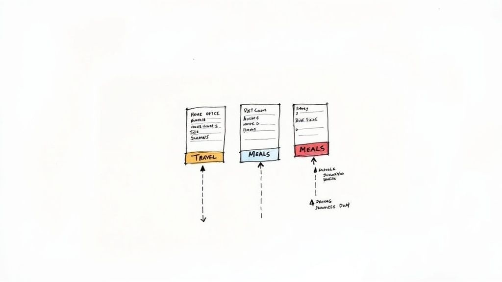 A close-up of a person categorizing receipts into different labeled folders like 'Travel', 'Supplies', and 'Meals'.