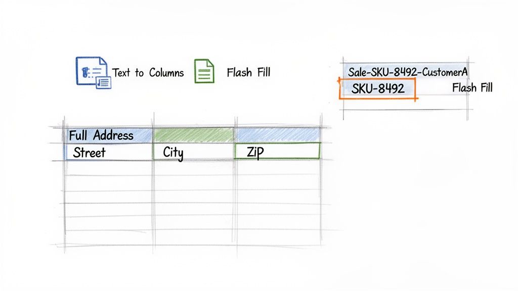 Spreadsheet showing Text to Columns splitting addresses and Flash Fill extracting SKU numbers.