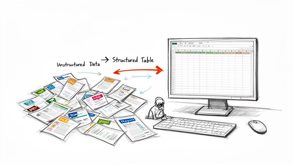 Illustration shows unstructured documents being converted into a structured Excel table on a computer screen.