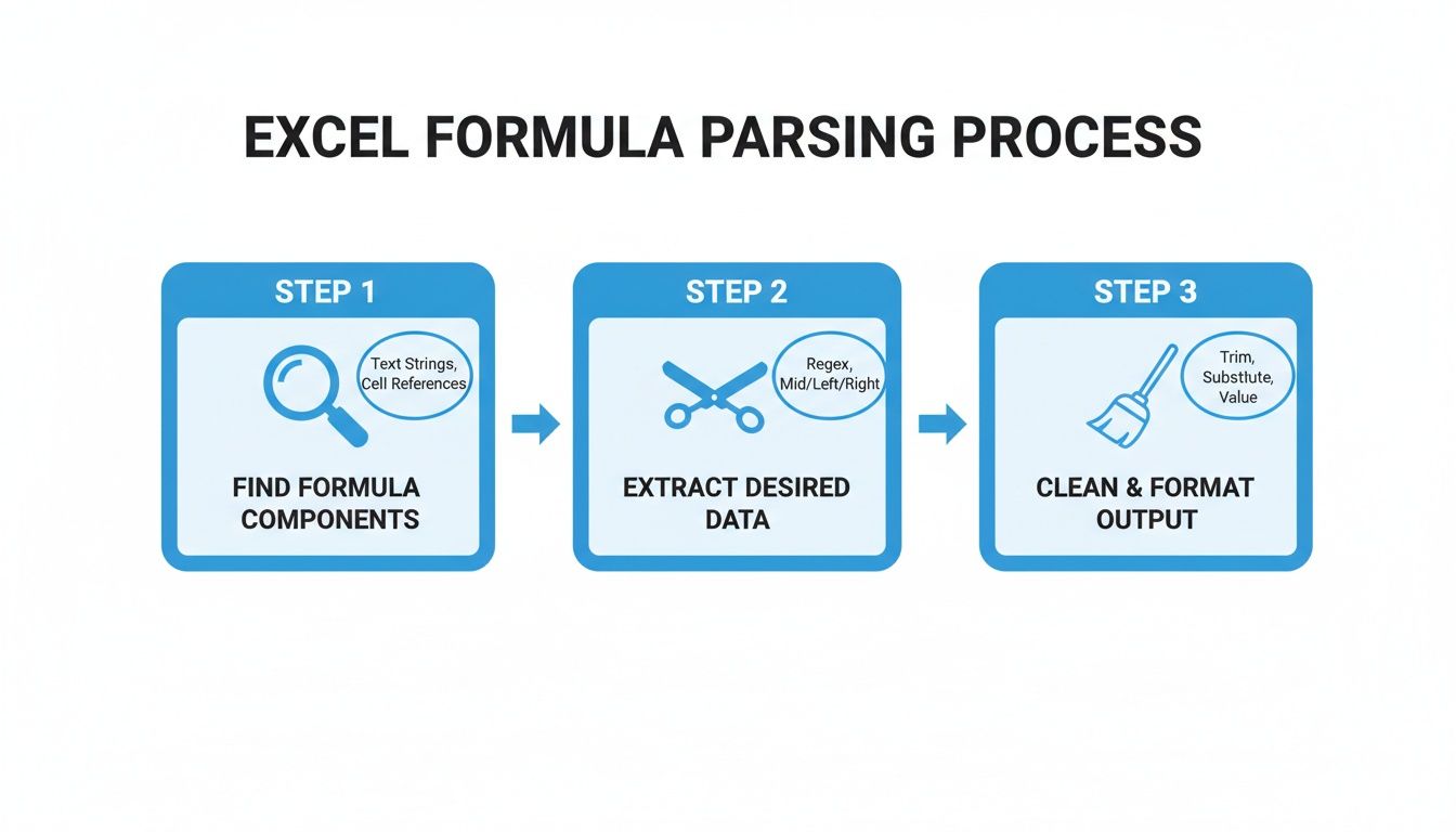 An infographic illustrating the three-step Excel formula parsing process, from finding components to cleaning output.