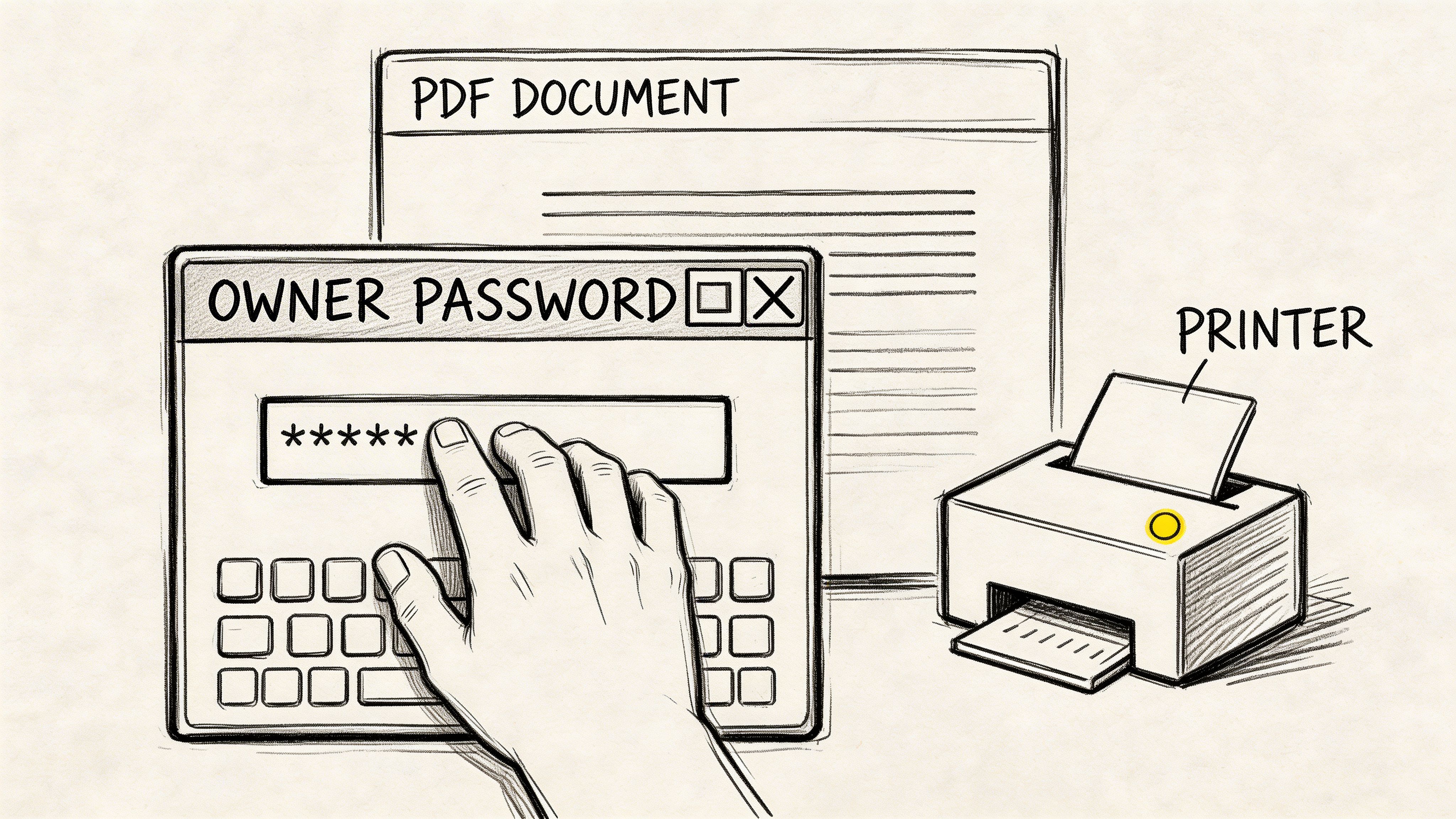 A hand typing an owner password into a dialog box to unlock a secured PDF file for printing.