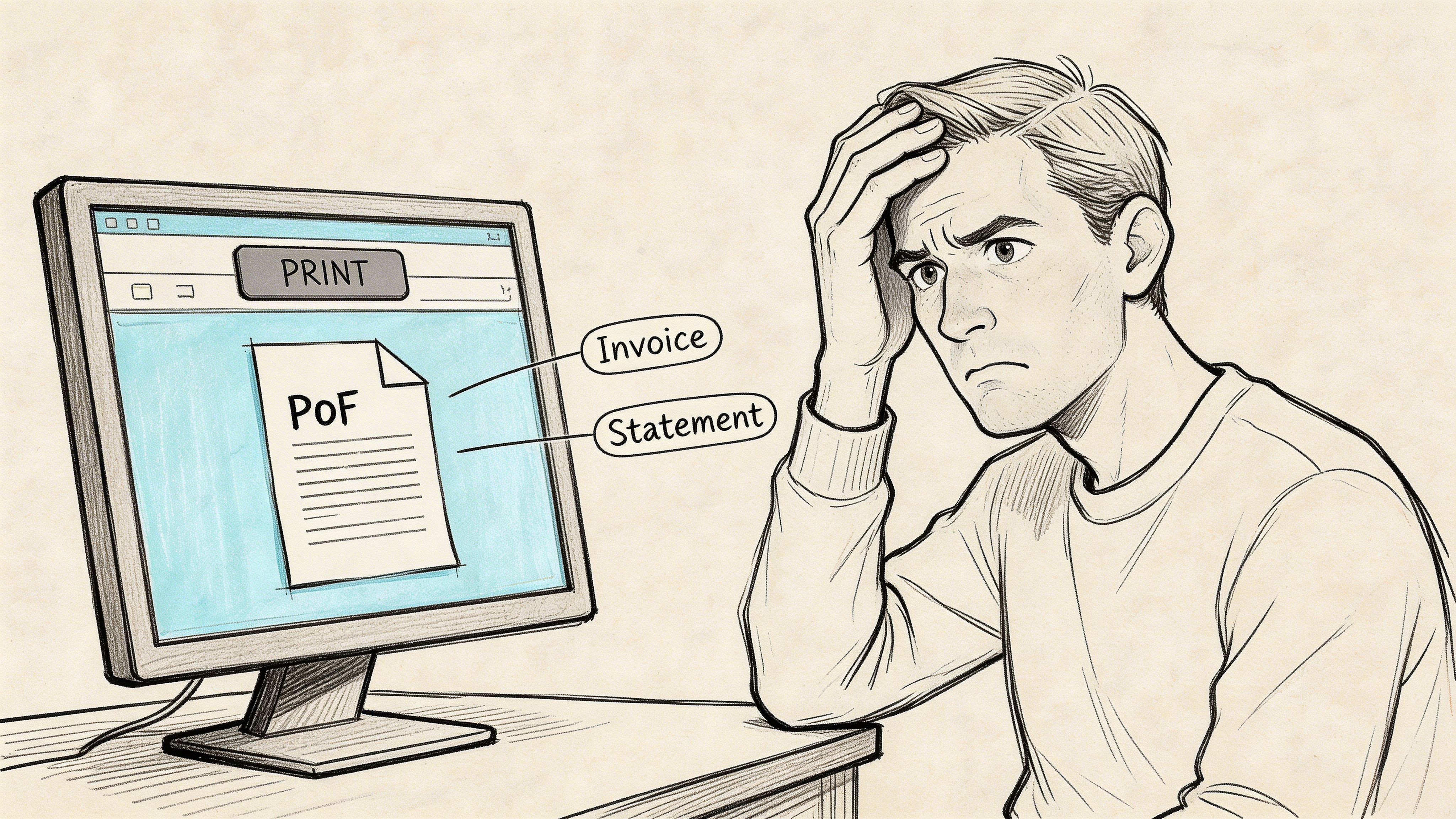 A confused man looking at a computer screen trying to print a PoF document with invoice and statement options.