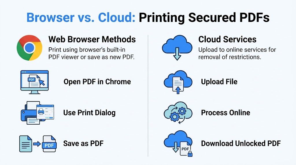 An infographic comparing browser-based and cloud service methods for printing secured PDF documents effectively.