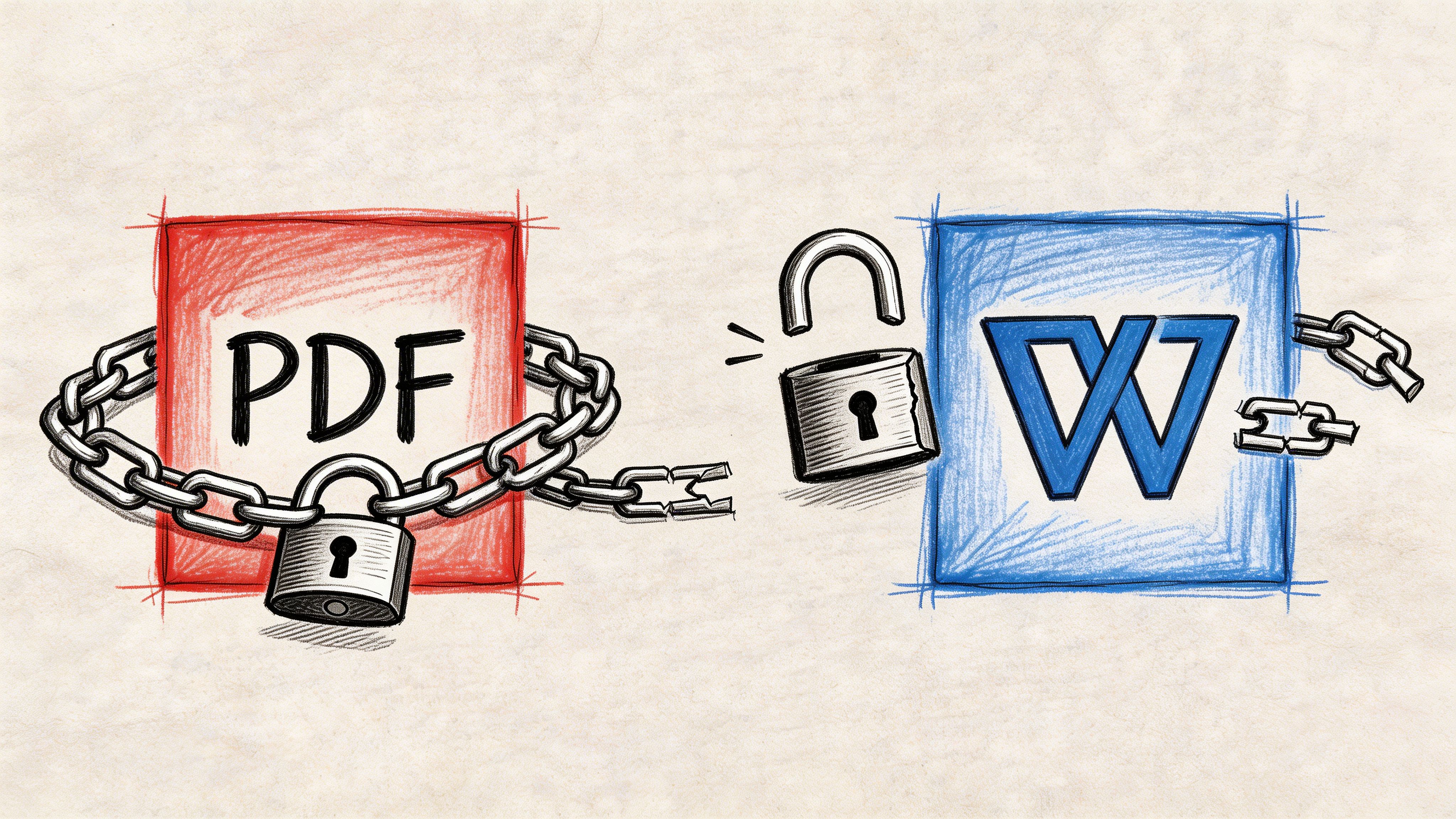 A hand-drawn illustration depicting a locked red PDF icon and an unlocked blue Microsoft Word document icon.