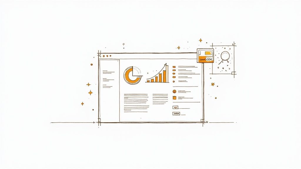 Hand-drawn illustration of a business analytics dashboard showing charts, graphs, and financial data for expense tracking.