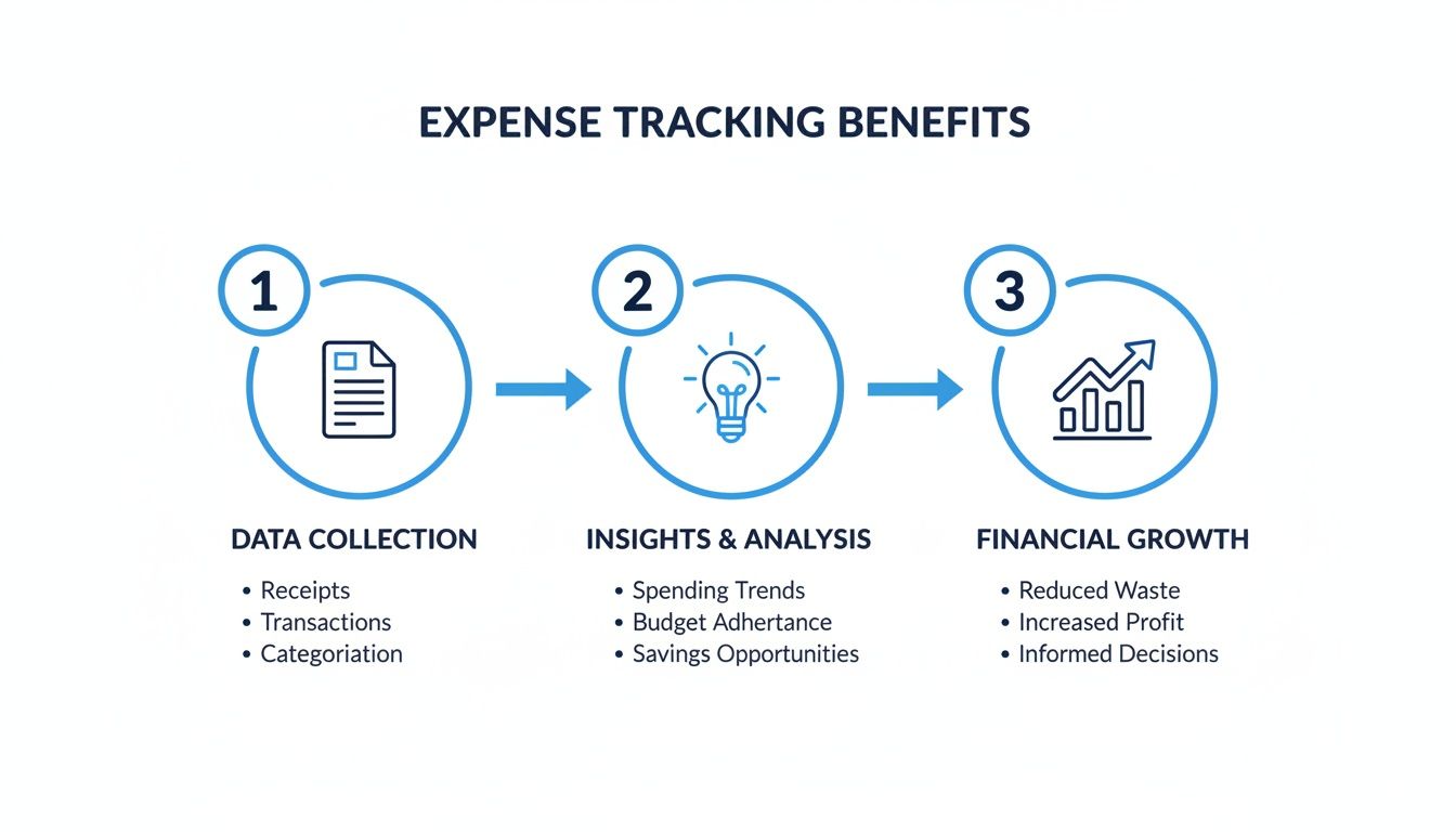Infographic detailing expense tracking benefits: data collection, insights and analysis, leading to financial growth.
