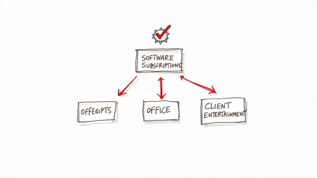 A diagram categorizing business expenses, showing software subscriptions linked to office gifts, general office, and client entertainment.