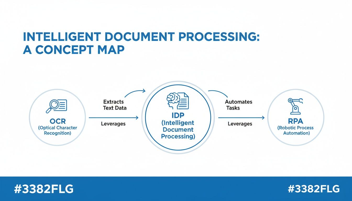 A concept map showing the flow of Intelligent Document Processing (IDP) connecting OCR, IDP, and RPA.