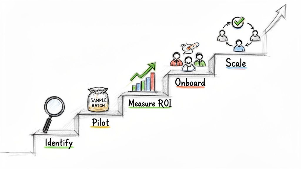 A business process diagram illustrating five steps for growth: Identify, Pilot, Measure ROI, Onboard, Scale.