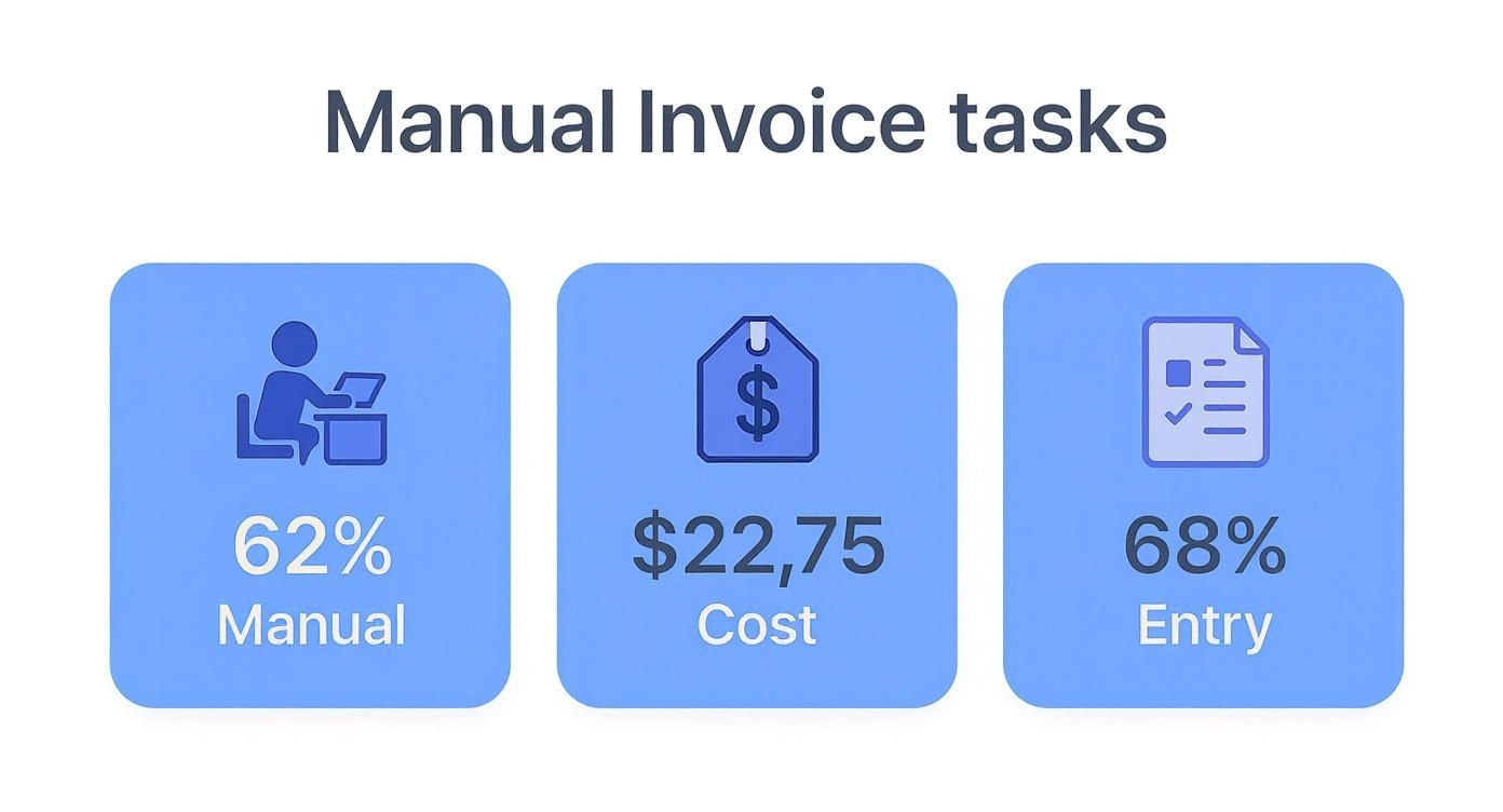 Infographic displaying statistics about manual invoice processing, including that 62% of tasks are manual, it costs $22.75 per invoice, and 68% of data is entered by hand.