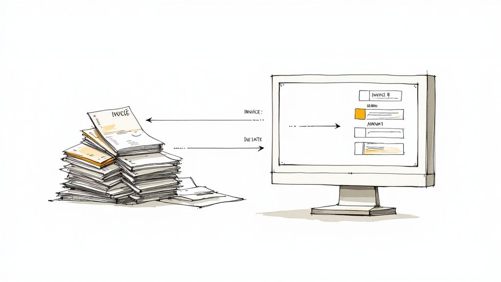 An accounts payable professional using software to process invoices on a computer.