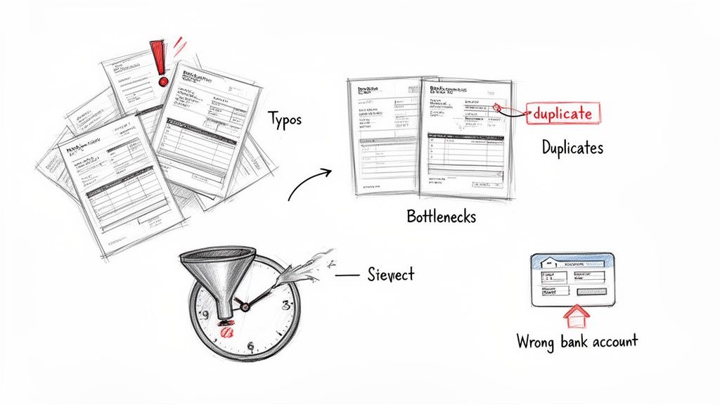 Hand-drawn illustration showing common errors in invoice payment process: typos, duplicates, bottlenecks, and wrong bank accounts.