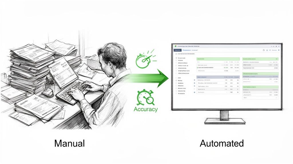 Illustrating the benefits of automating invoice payment processes from manual paperwork to digital efficiency.