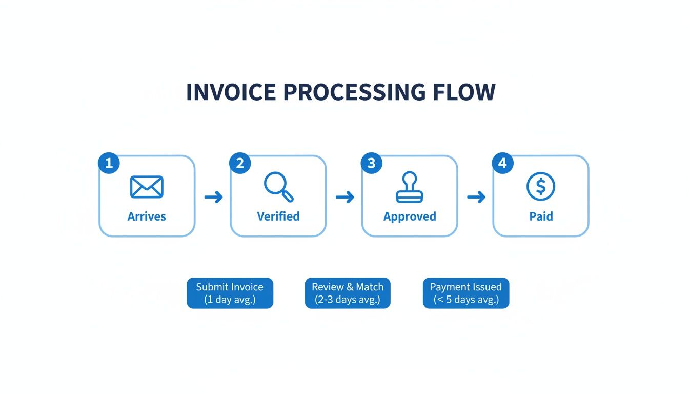 A diagram illustrates the invoice processing flow, showing steps: Arrives, Verified, Approved, and Paid, with average timeframes for each stage.