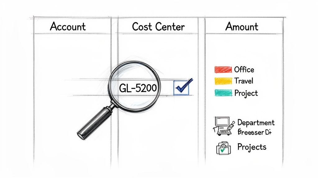 Sketch of a financial table with 'GL-5200' in a cost center, verified with a checkmark. Expense categories are listed.