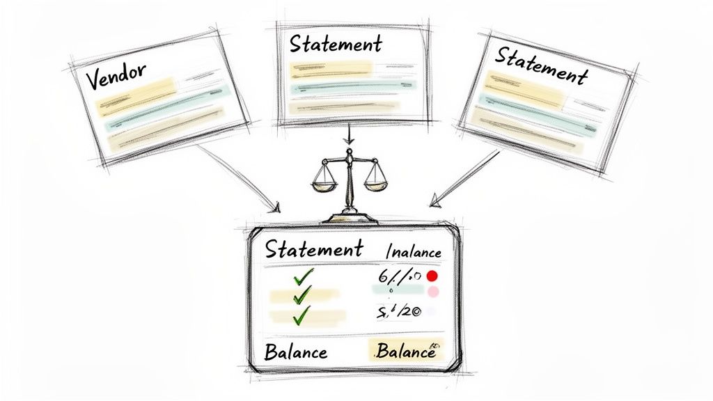 Financial statements and vendor documents are reconciled using a balance scale to show account status.
