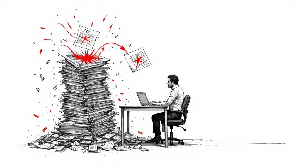 A person looking frustrated while working on a laptop with charts and graphs, symbolizing the challenges of manual data extraction.