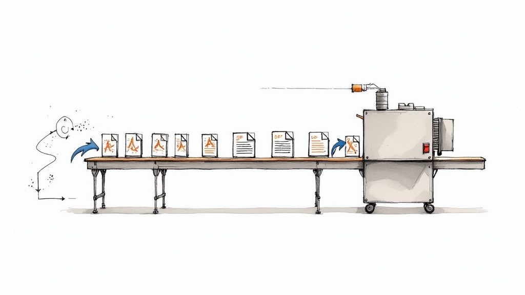 An image showing a stack of digital documents being processed by a software tool and outputting a clean Excel file, representing dedicated converter software.