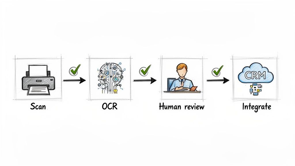 A workflow diagram showing the steps: Scan document, OCR processing, Human review, and CRM integration.