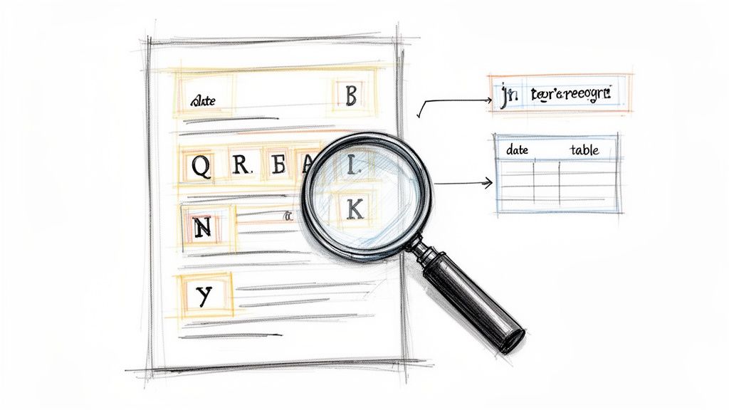 A sketch illustrating OCR technology, with a magnifying glass examining text on a document, extracting words and table data.