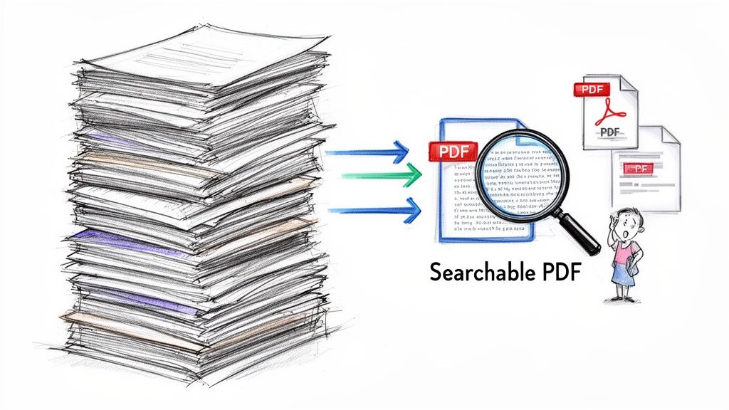 Illustration showing physical paper documents converting into a digital, searchable PDF file.