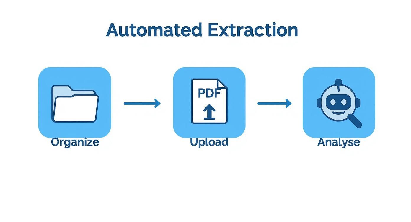 Infographic showing a three-step process for automated extraction Organize, Upload, and Analyze.