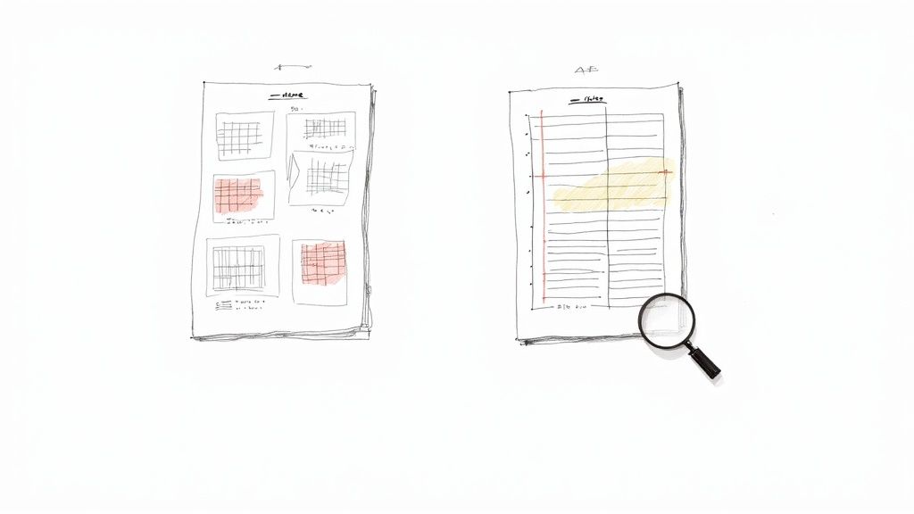 An illustration showing a magnifying glass over a messy document, symbolizing the process of finding and organizing complex data.