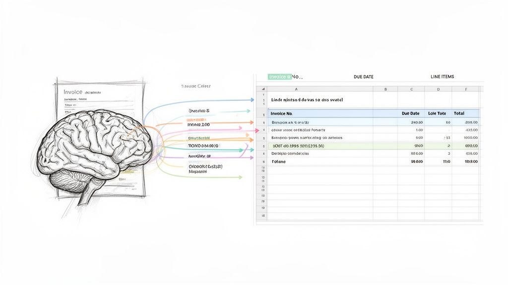 Diagram showing a brain extracting invoice data and mapping it to an Excel spreadsheet.