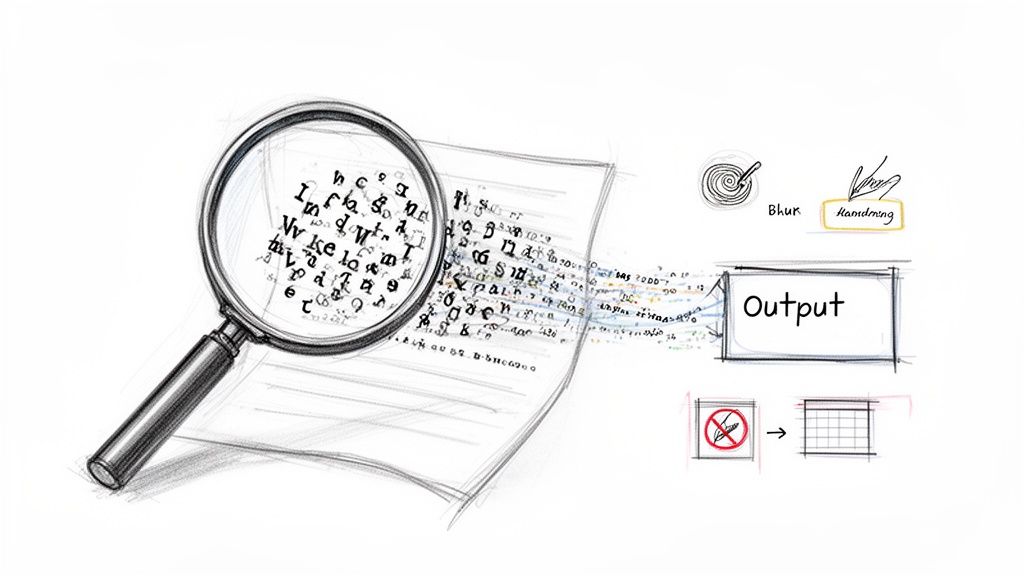 A sketch of a magnifying glass inspecting a document, with jumbled text transforming into structured output, illustrating data extraction.