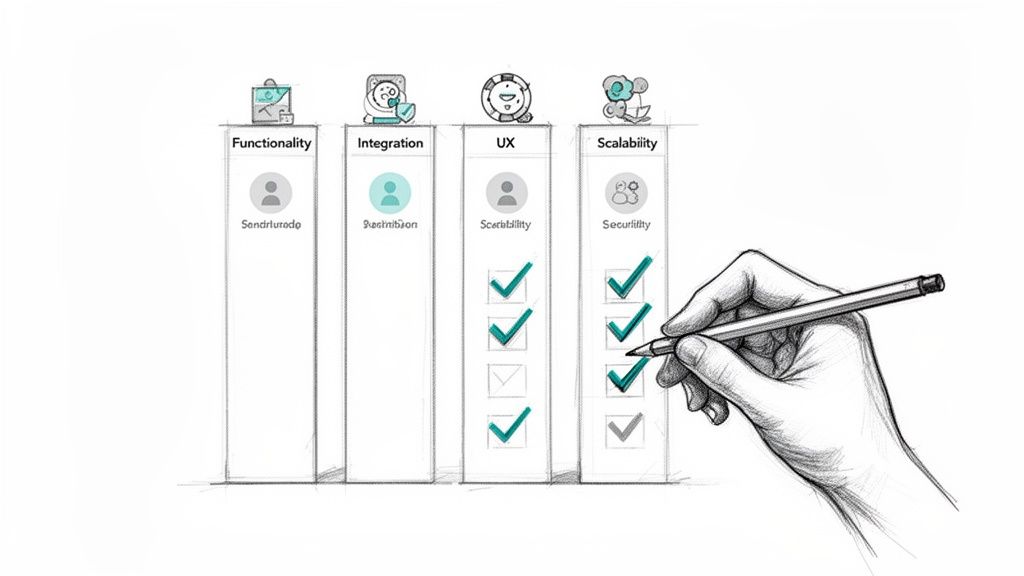 A hand drawing checkmarks on a comparison chart with categories like UX and Scalability.