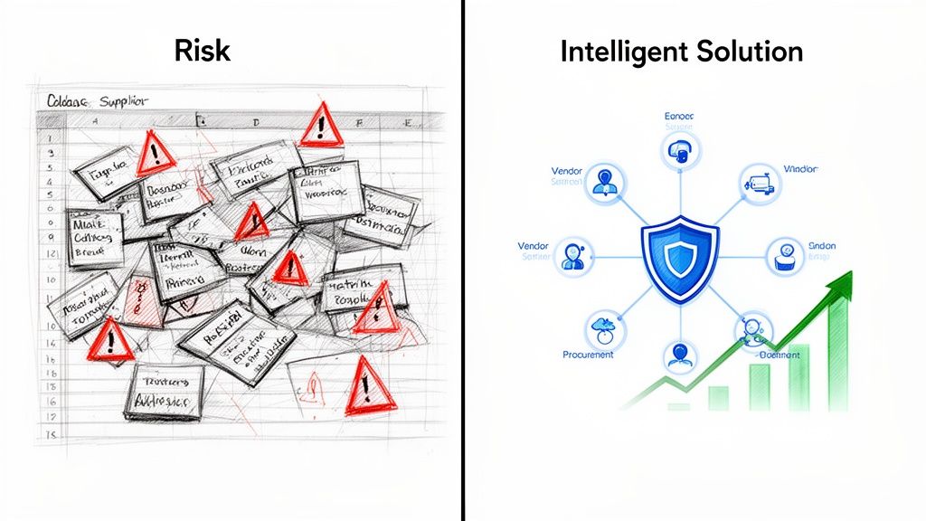 Visual contrast: chaotic spreadsheet with supplier risks versus a structured intelligent procurement solution with security shield.