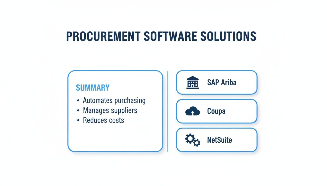 Diagram showing procurement software solutions, summary of benefits, and examples like SAP Ariba, Coupa, NetSuite.