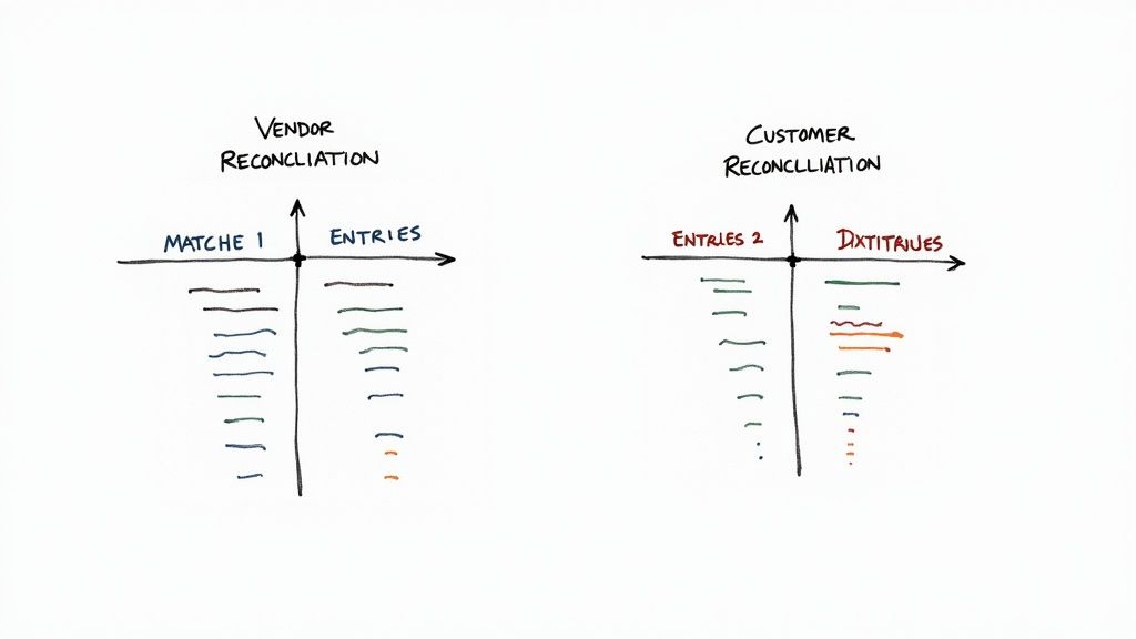 Various financial documents like vendor and customer statements being compared