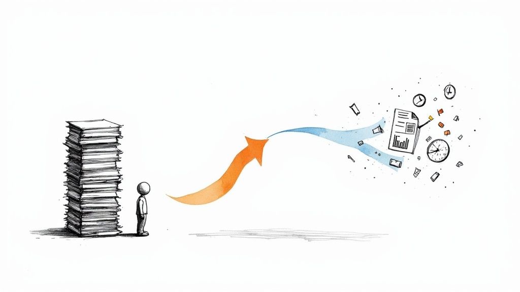 A person scanning a stack of documents with a modern scanner, with a laptop showing an Excel spreadsheet in the background.
