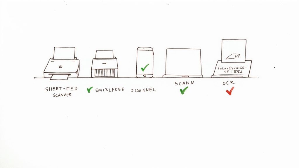 A modern document scanner next to a laptop displaying an organized digital filing system.