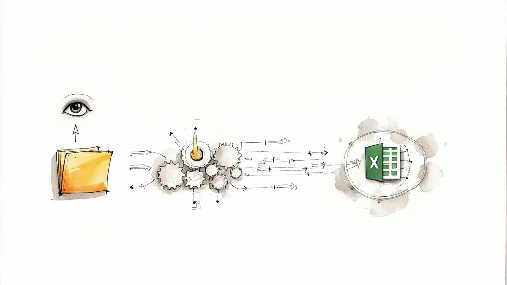 A visual representation of an automated workflow, with documents feeding into a system and structured data flowing out into an Excel spreadsheet without manual intervention.