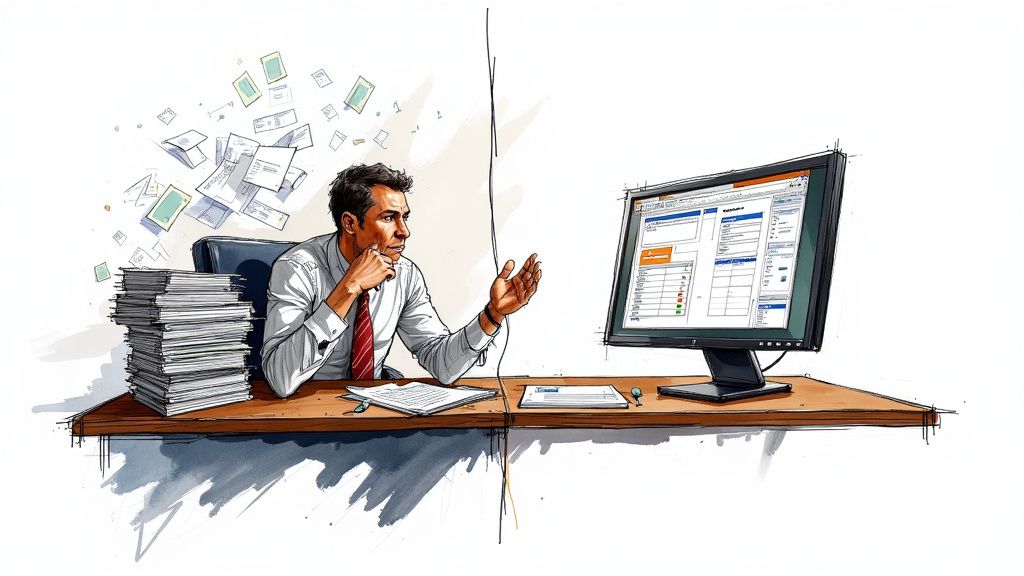 A person at a desk using scanning invoice software on a computer, with a stack of paper invoices neatly on one side and a clean digital interface on the other