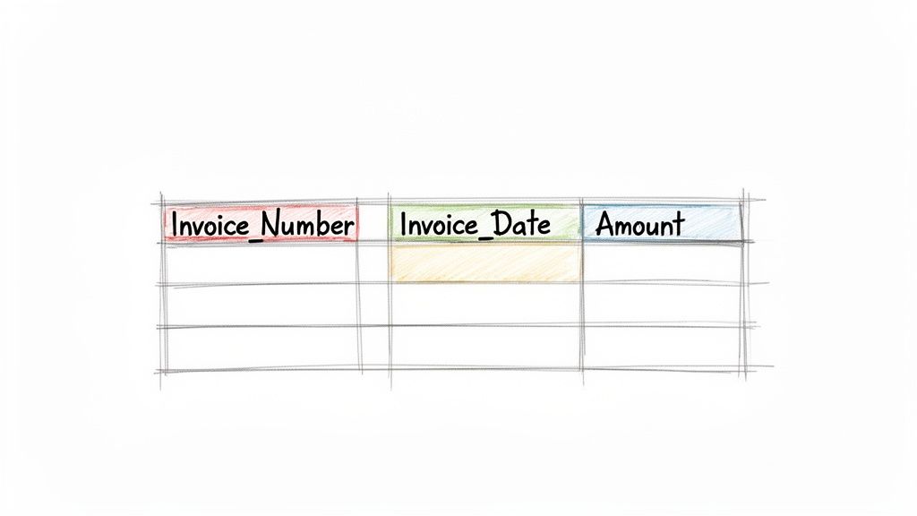 A hand-drawn sketch of a table with headers: Invoice Number, Invoice Date, and Amount, illustrating semi-structured data.