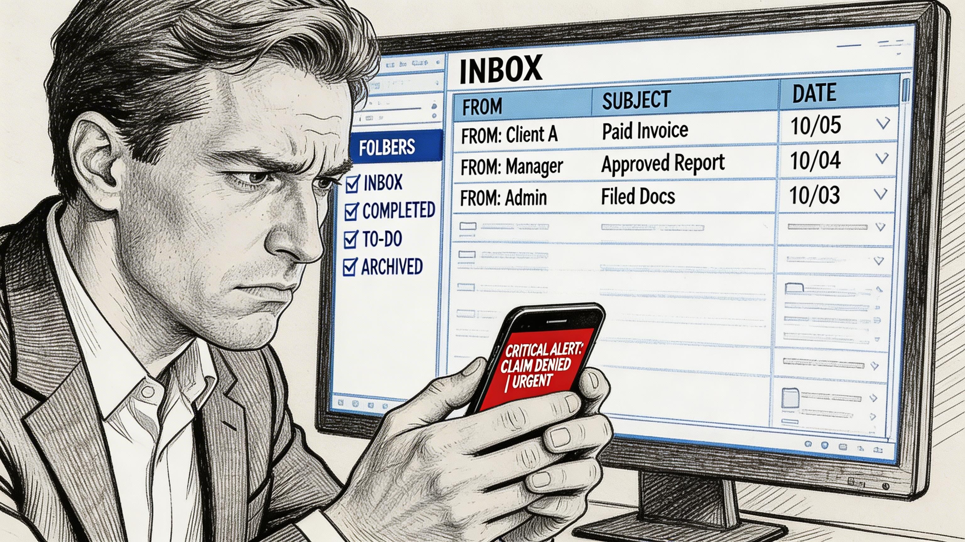 A businessman looking worried at his smartphone receiving a critical claim denied urgent alert while checking emails.