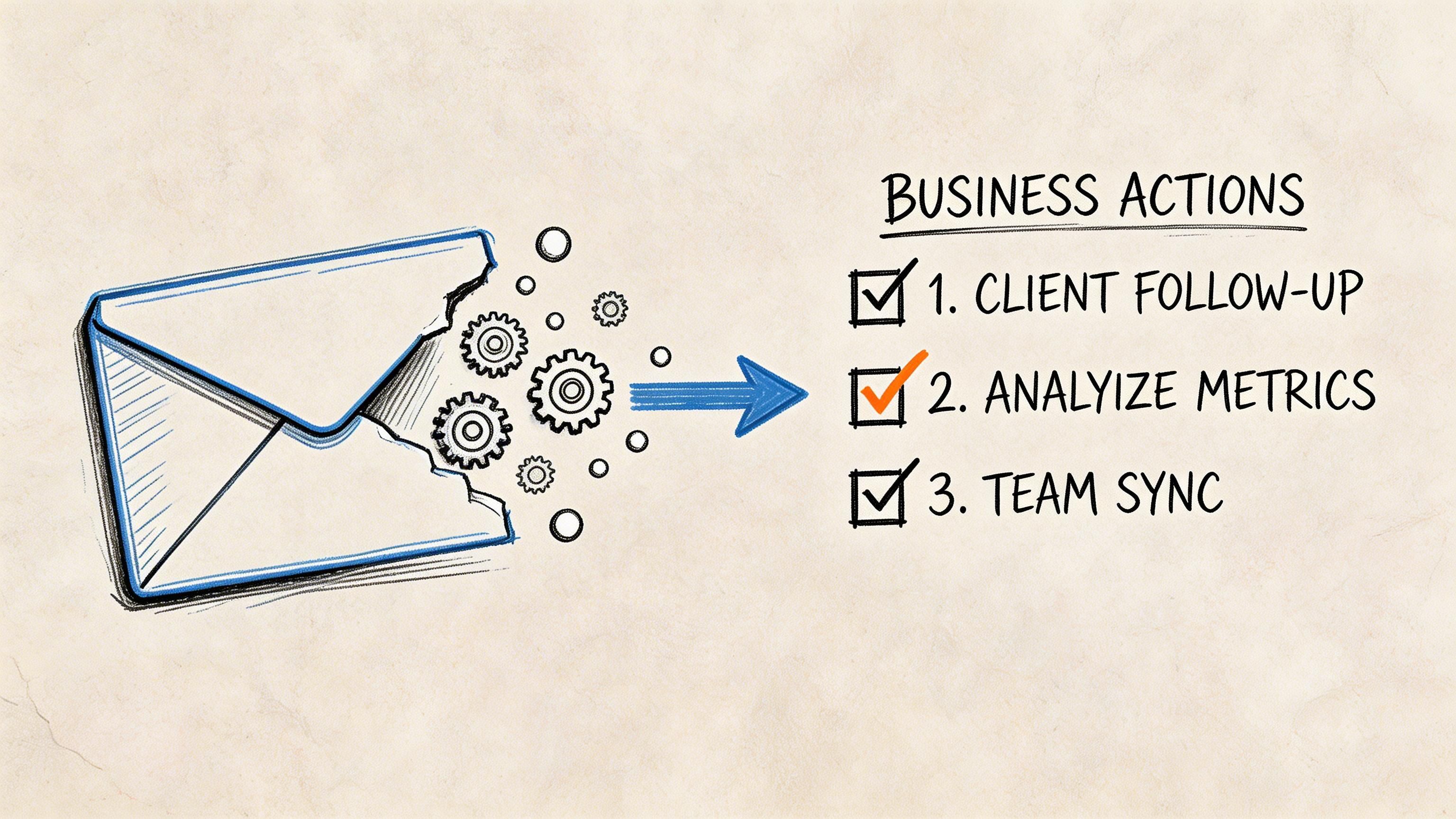 A hand-drawn illustration depicting an envelope converting into a business action checklist with three completed steps.