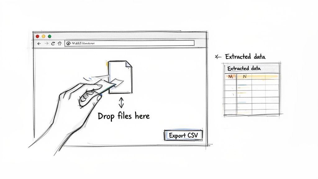 A hand dragging files into a browser window to extract data and export as CSV.