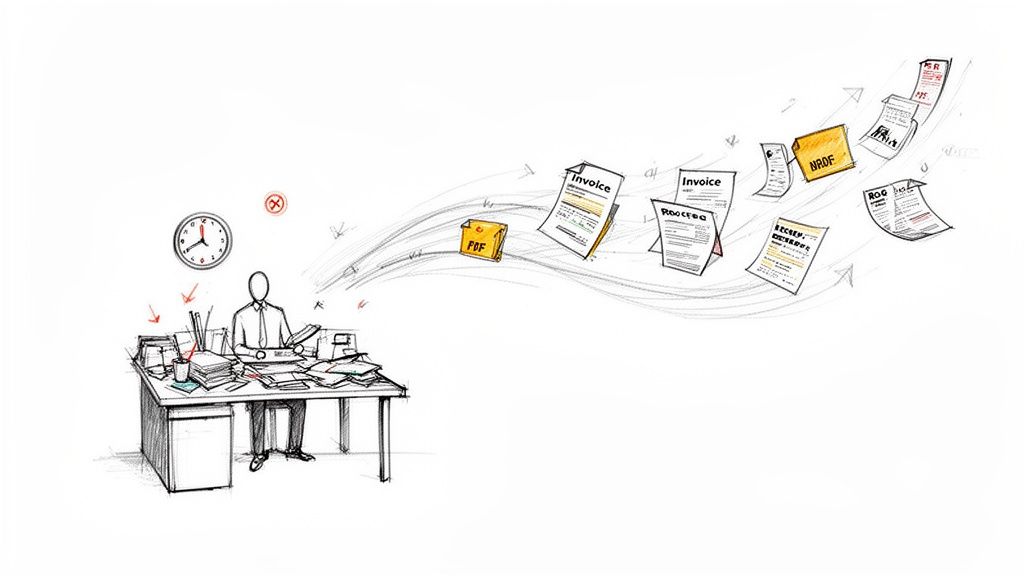 A sketch of an overwhelmed person at a messy desk, documents transforming into digital files.