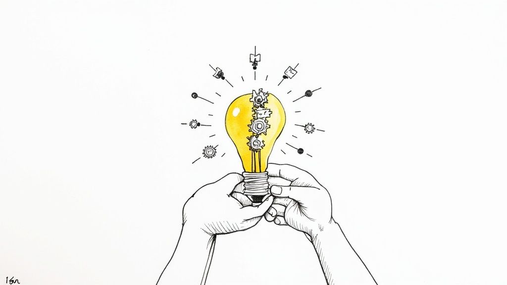 Hands hold a bright yellow lightbulb filled with gears, radiating new ideas.