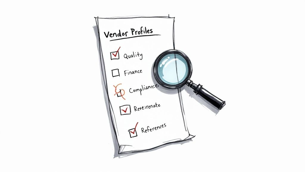A magnifying glass scrutinizes a vendor profiles checklist with items like quality (checked) and compliance (crossed out).